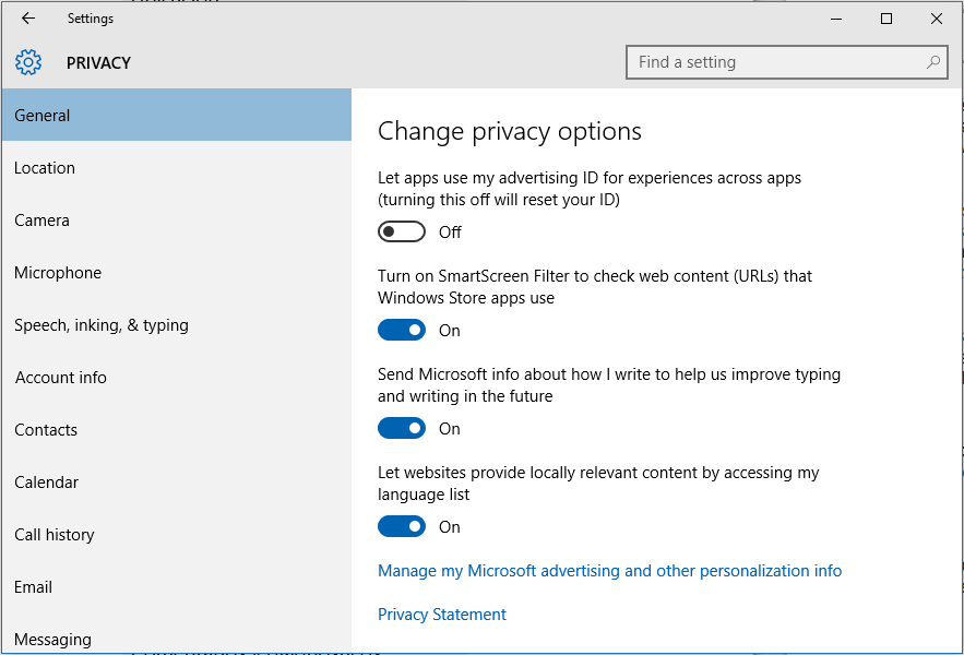 Set Privacy in Windows 10